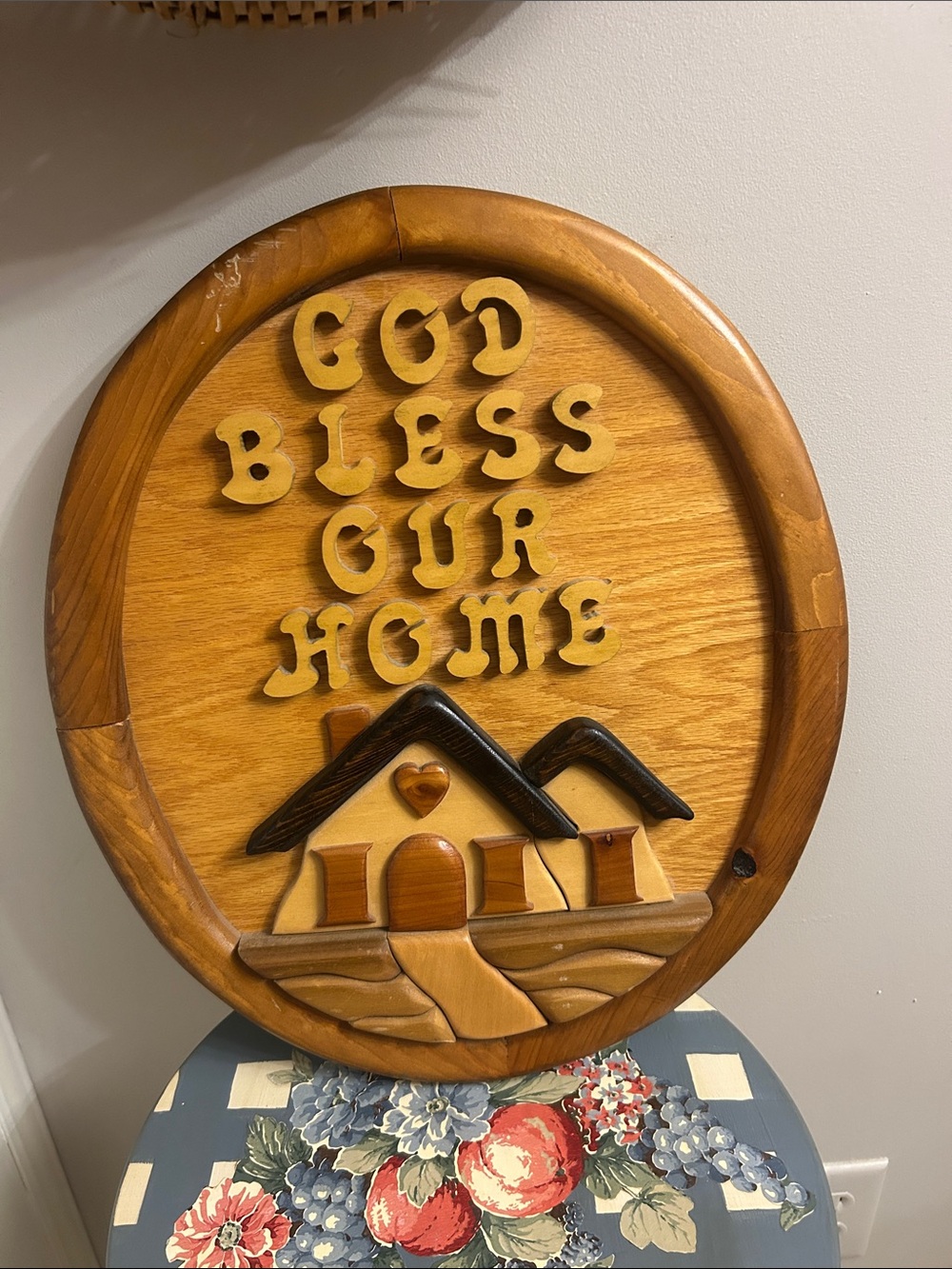 Handmade God Bless Our Home Wooden Wall Plaque - Natural Brown